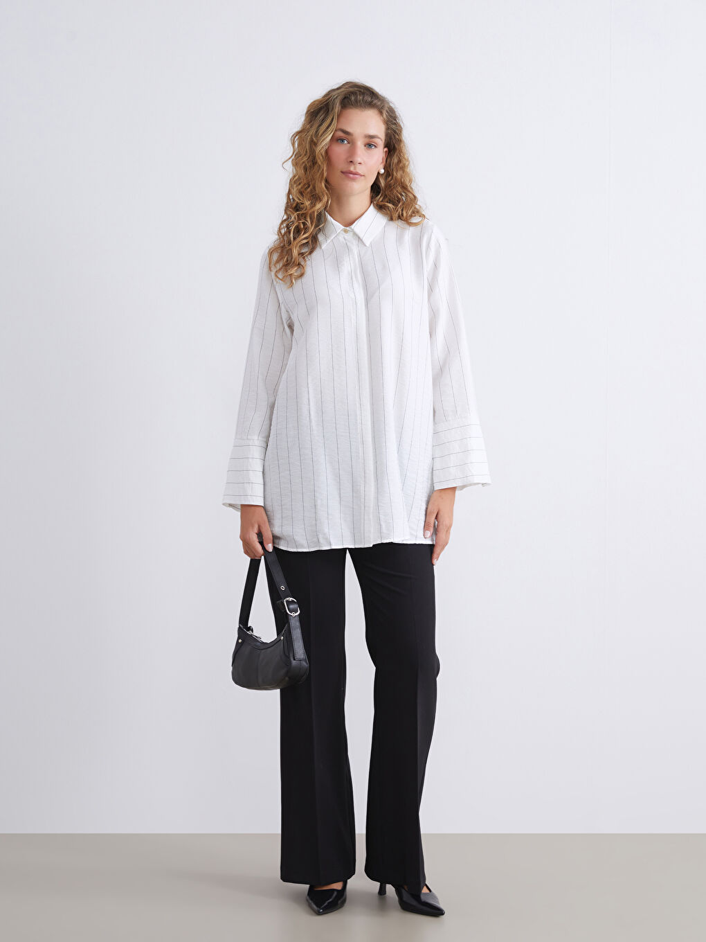 Siyah Büyük Beden Çizgili Kadın Gömlek Tunik-3