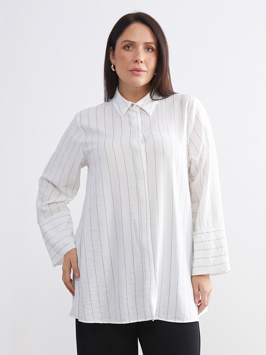 Siyah Büyük Beden Çizgili Kadın Gömlek Tunik-2