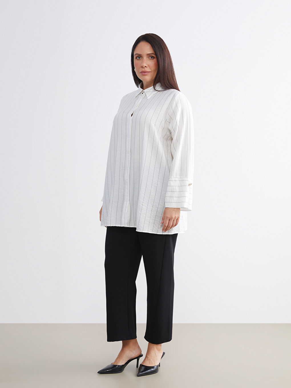 Siyah Büyük Beden Çizgili Kadın Gömlek Tunik-6