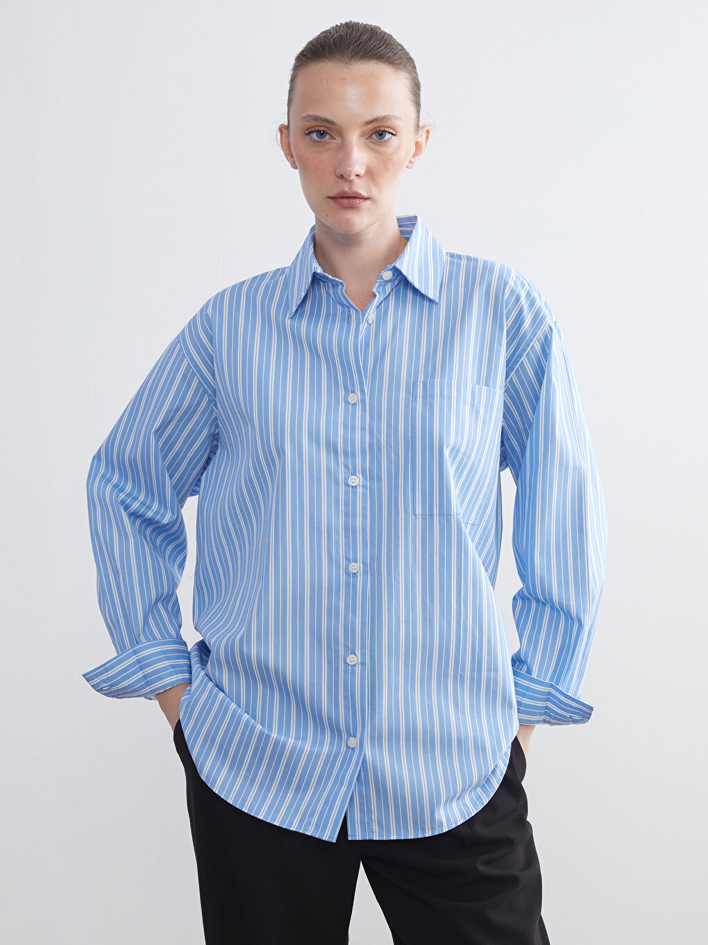 Mavi Çizgili Oversize Poplin Kadın Gömlek