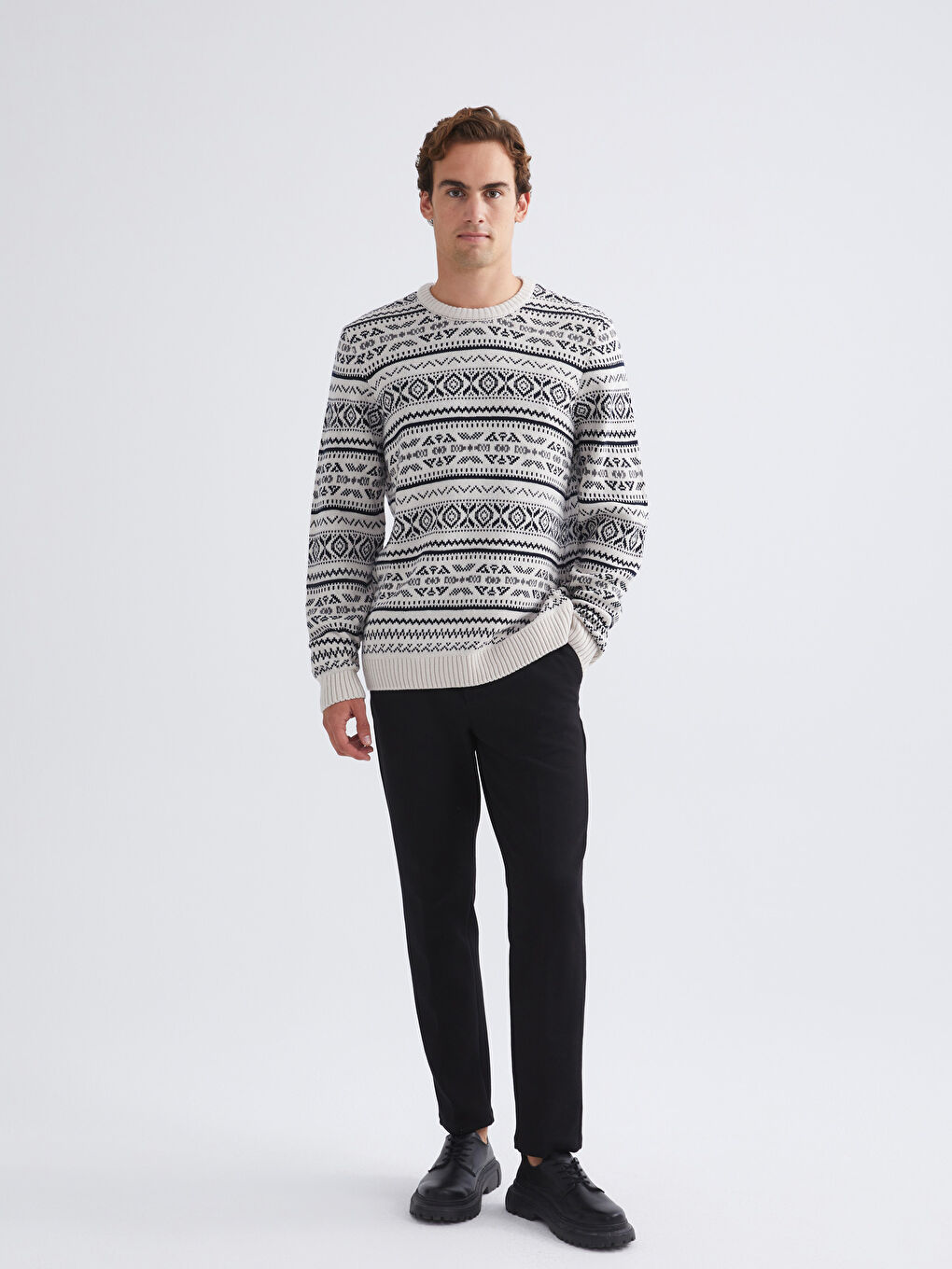 Bej Bisiklet Yaka Desenli Erkek Triko Kazak-1