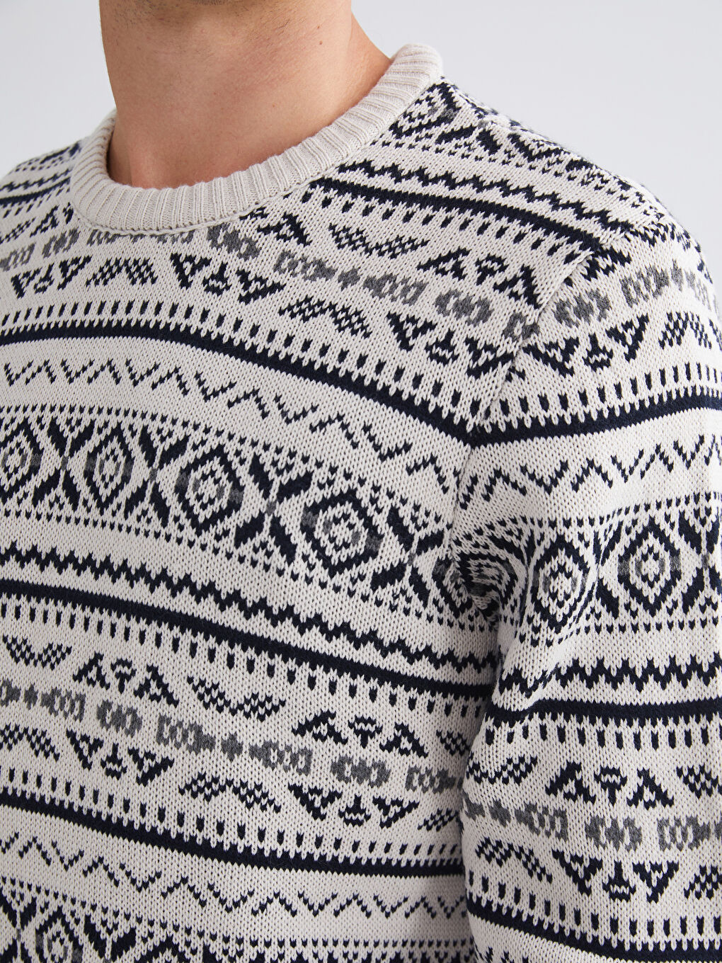 Bej Bisiklet Yaka Desenli Erkek Triko Kazak-2