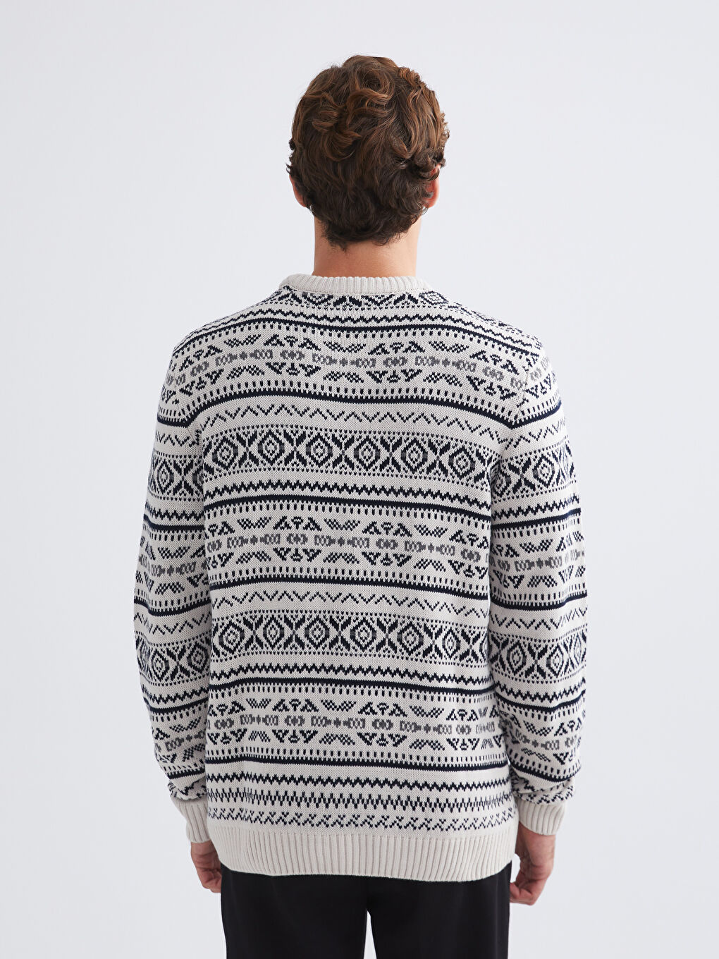 Bej Bisiklet Yaka Desenli Erkek Triko Kazak-3