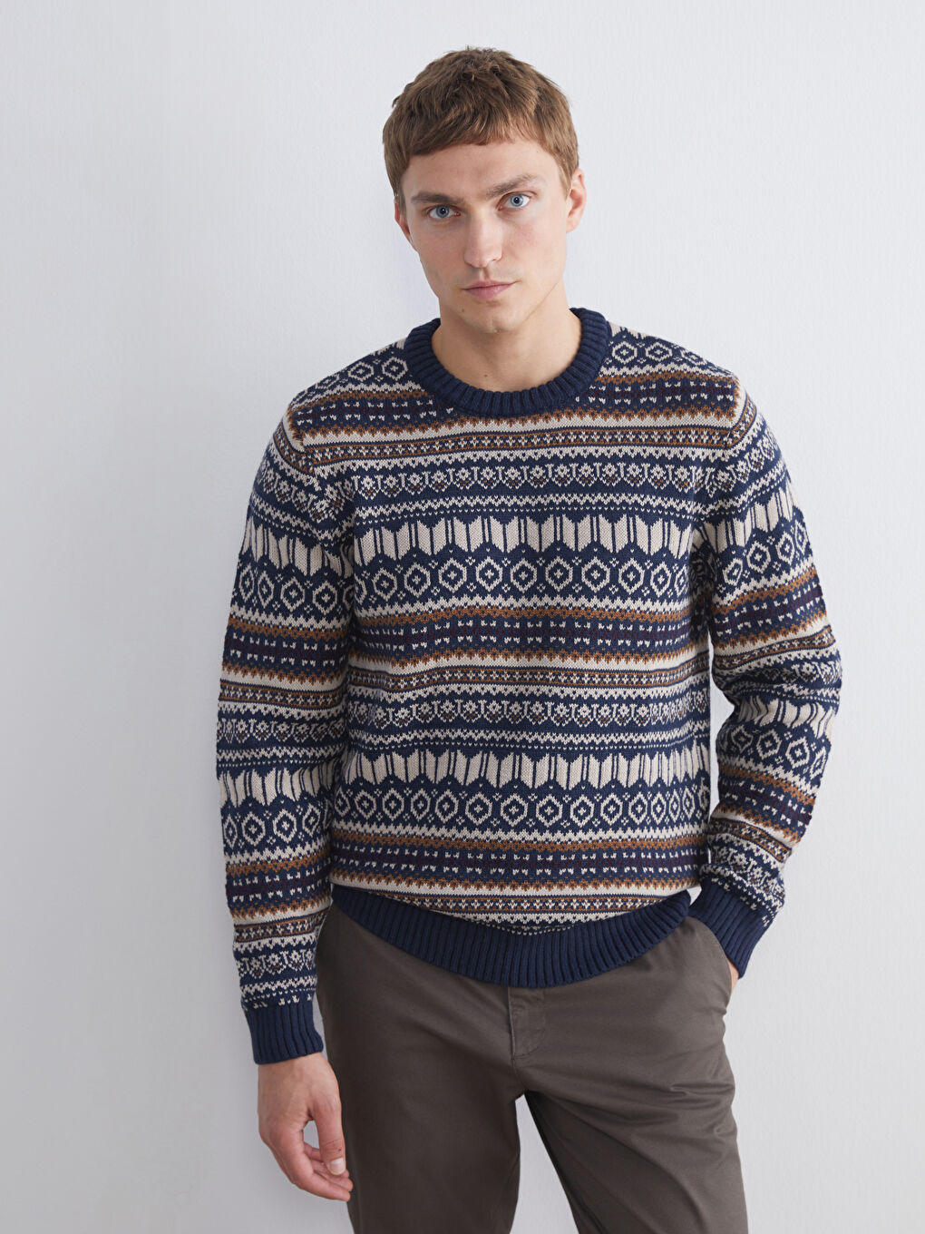 Lacivert Bisiklet Yaka Desenli Erkek Triko Kazak