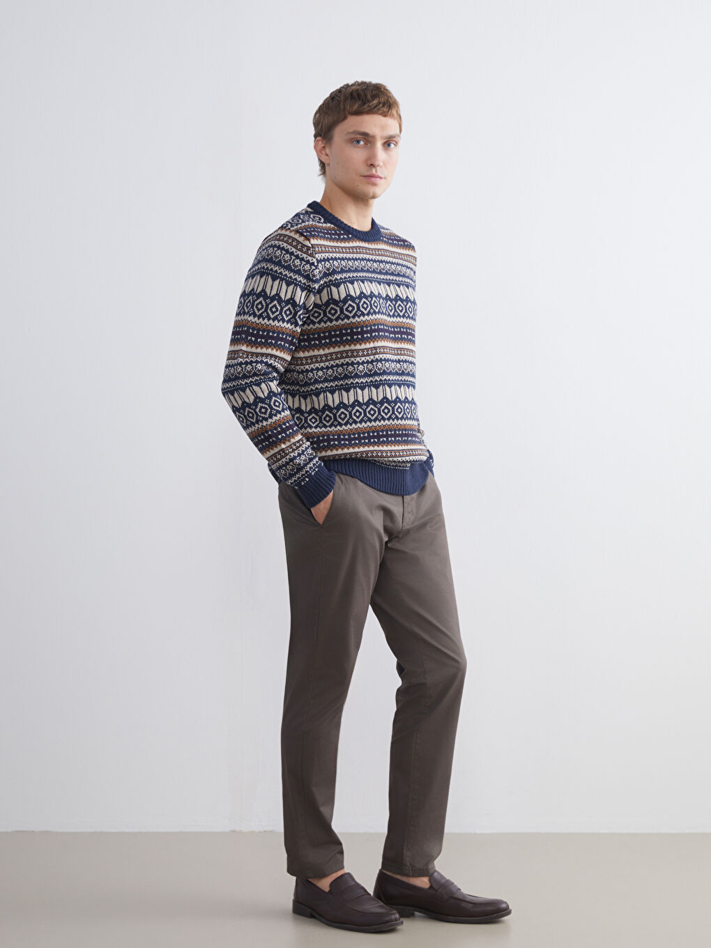 Lacivert Bisiklet Yaka Desenli Erkek Triko Kazak-1