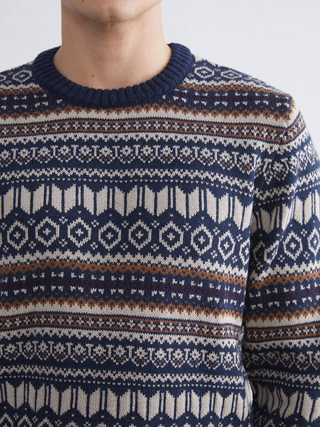 Lacivert Bisiklet Yaka Desenli Erkek Triko Kazak-2