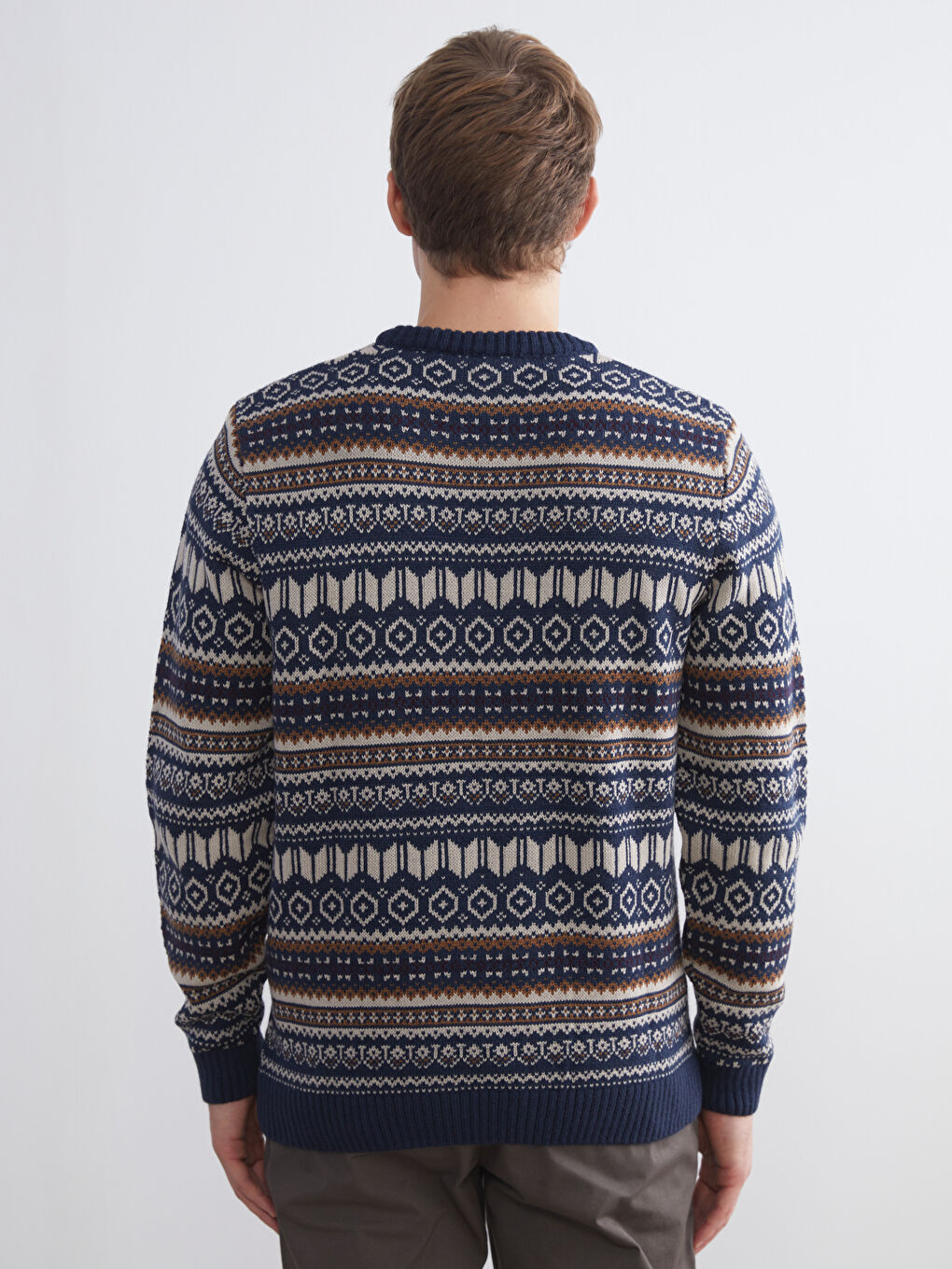 Lacivert Bisiklet Yaka Desenli Erkek Triko Kazak-3