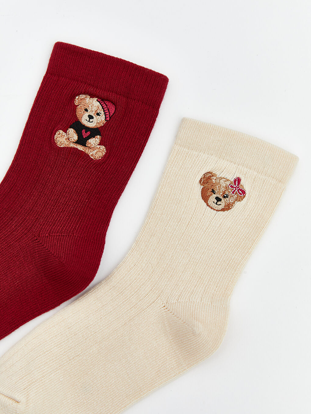 Bordo Ayı Teddy Desenli Kız Çocuk Soket Çorap 2'li-1