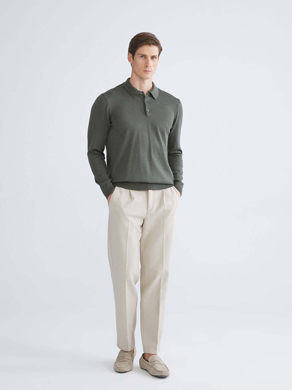 Yeşil Polo Yaka Erkek Triko Kazak-1