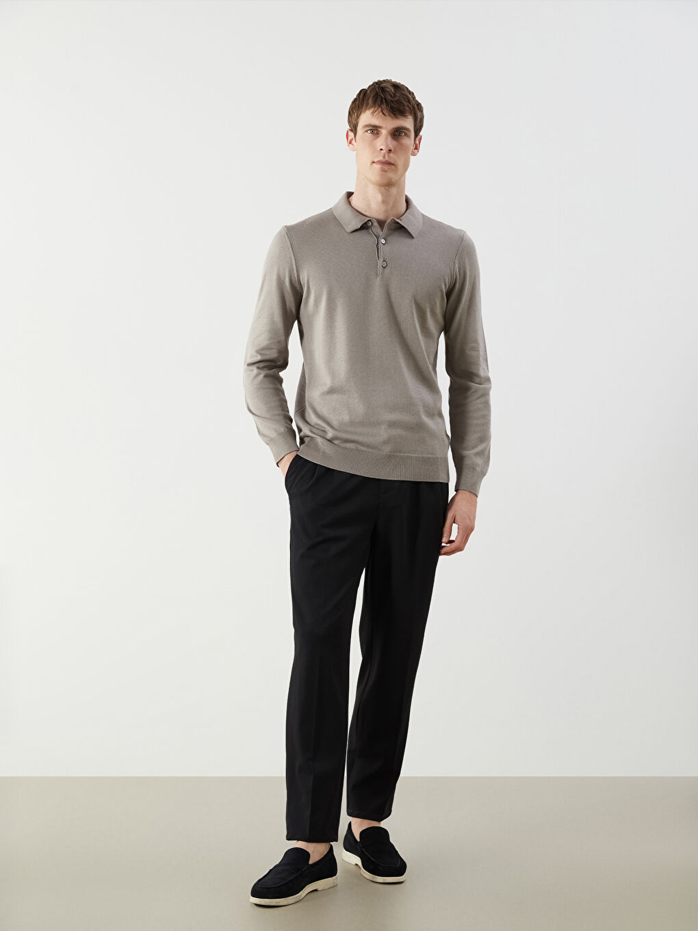 Bej Polo Yaka Erkek Triko Kazak-1