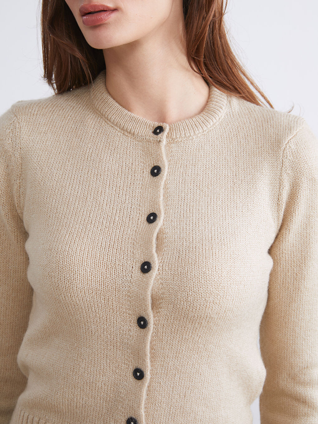 Bej Bisiklet Yaka Kadın Triko Hırka-2