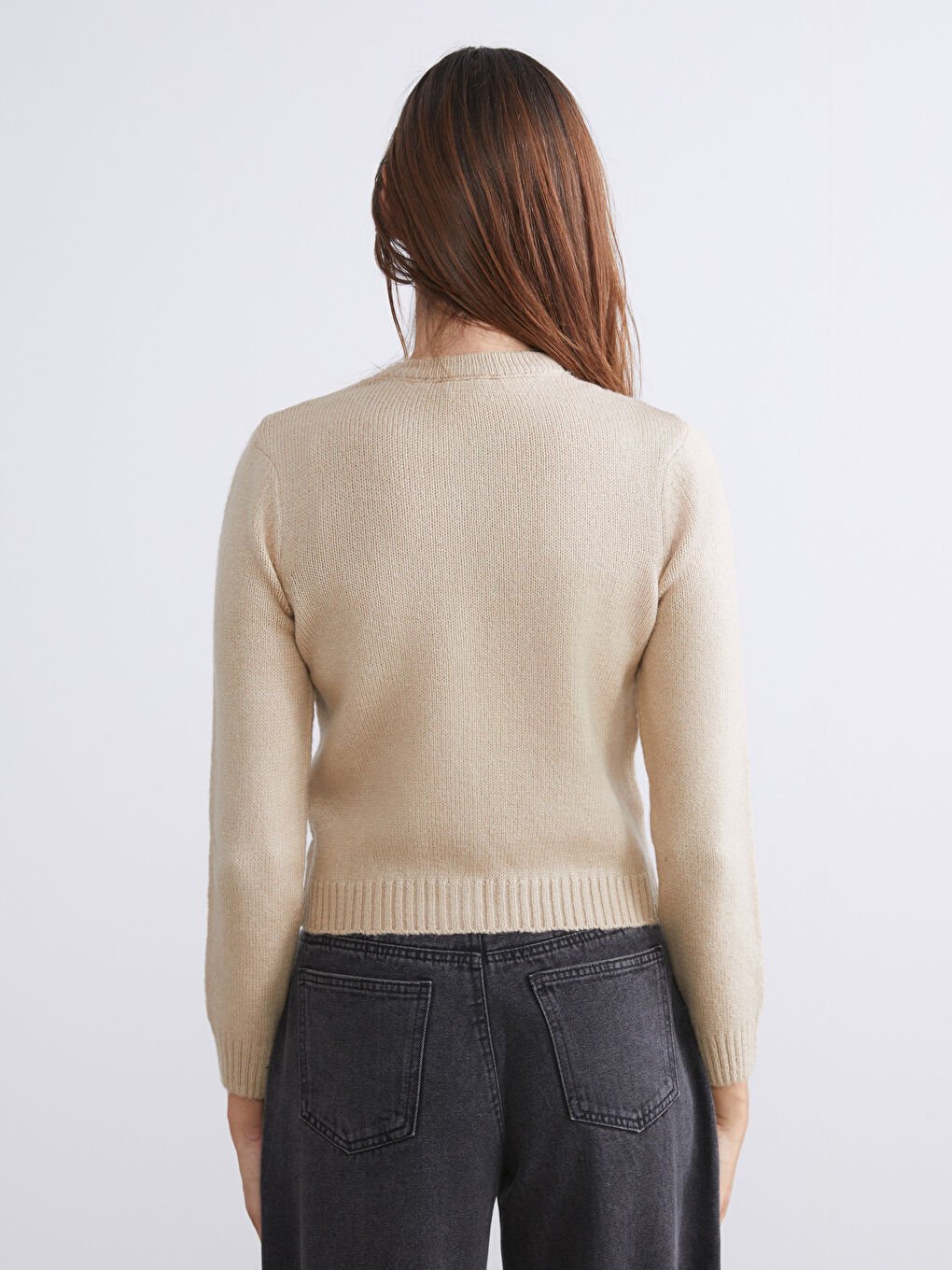 Bej Bisiklet Yaka Kadın Triko Hırka-3