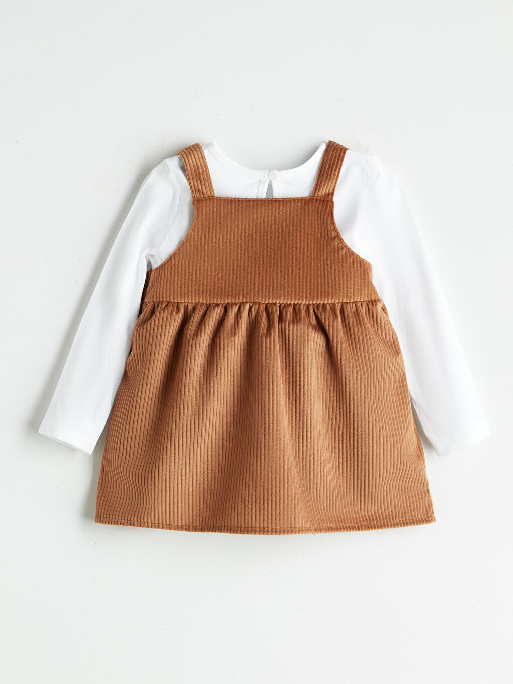 Kahverengi Bisiklet Yaka Basic Kız Çocuk Tişört ve Salopet-1