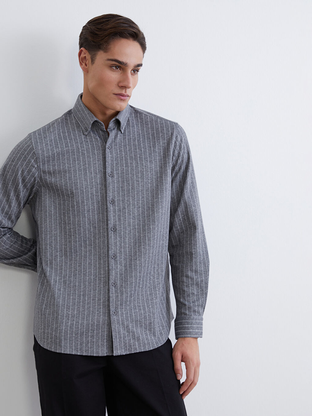 Gri Çizgili Uzun Kollu Erkek Gömlek