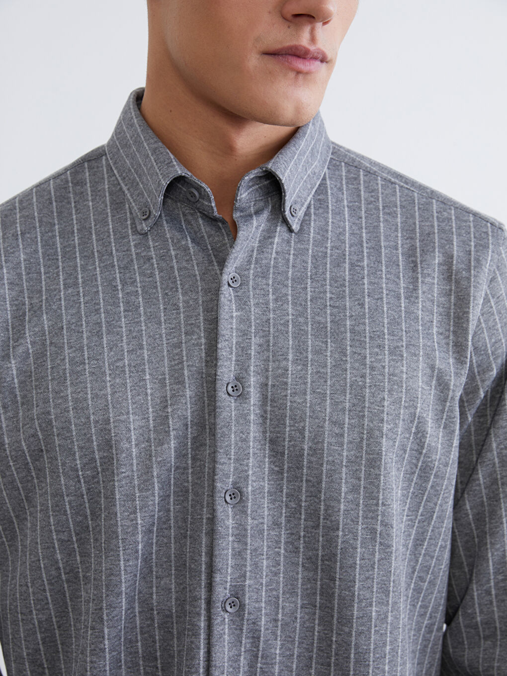Gri Çizgili Uzun Kollu Erkek Gömlek-2