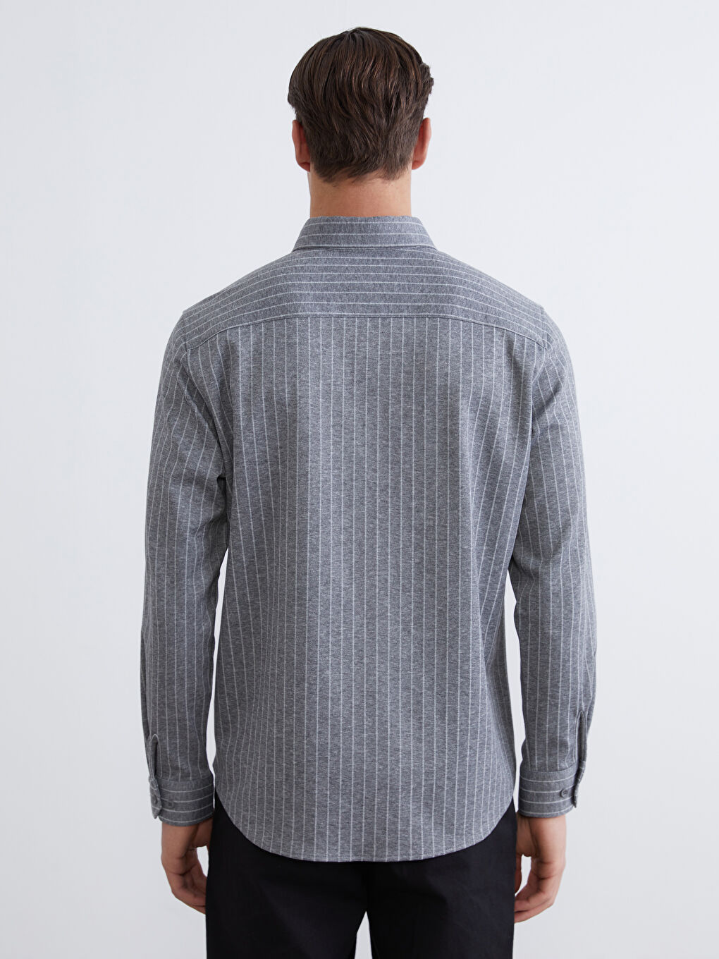 Gri Çizgili Uzun Kollu Erkek Gömlek-3