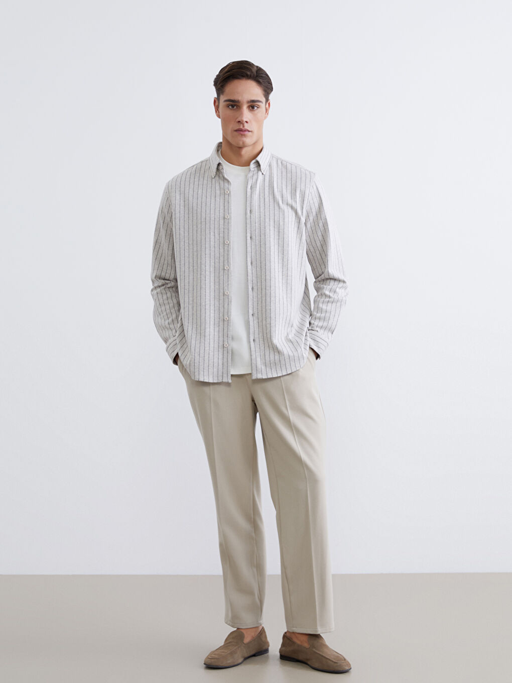 Ekru Çizgili Uzun Kollu Erkek Gömlek-1
