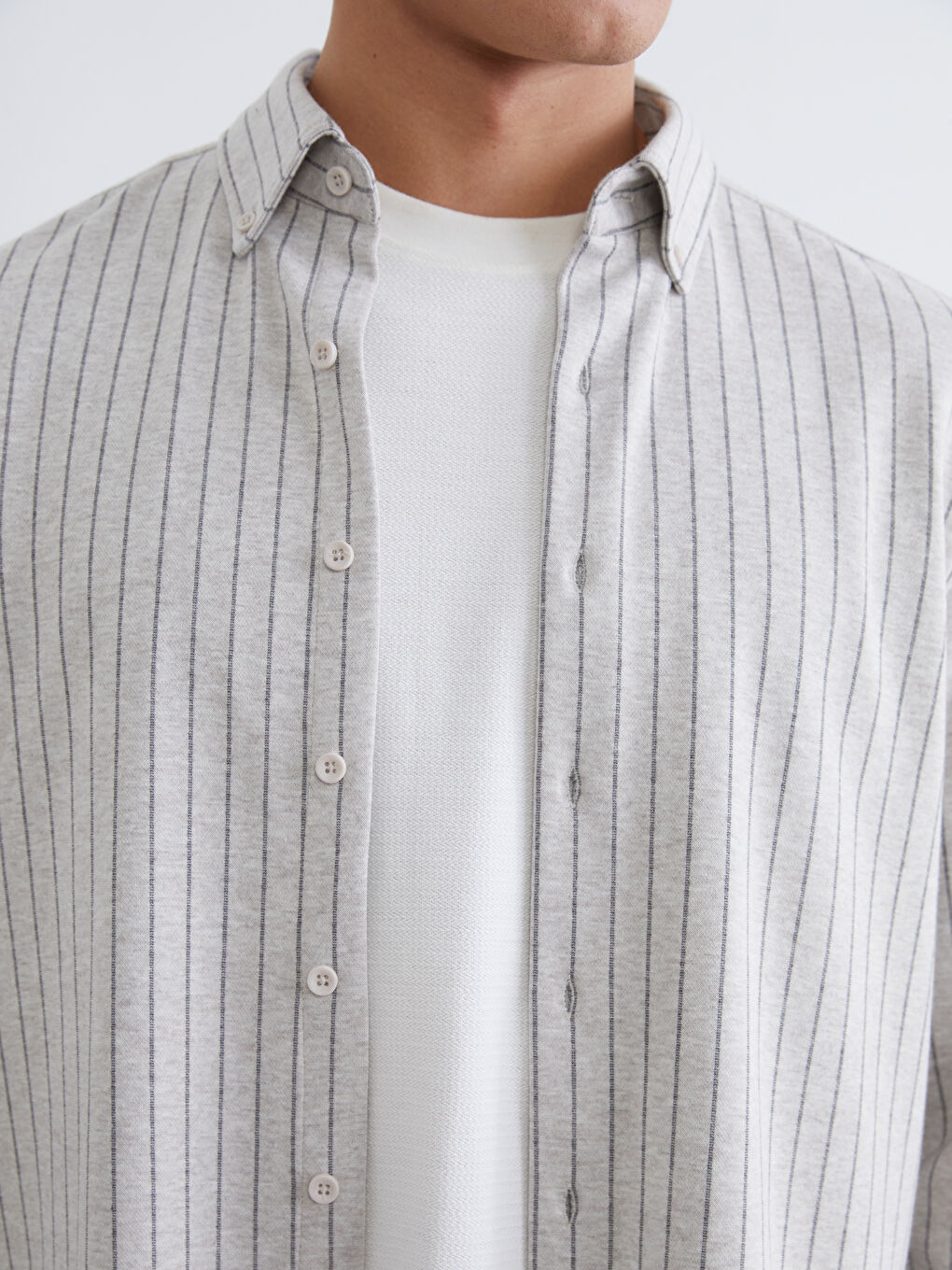 Ekru Çizgili Uzun Kollu Erkek Gömlek-2