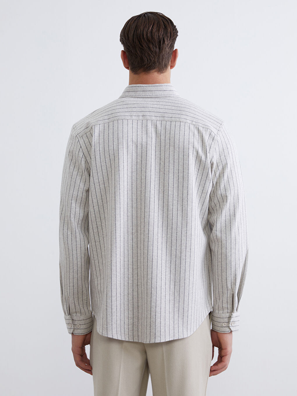 Ekru Çizgili Uzun Kollu Erkek Gömlek-3