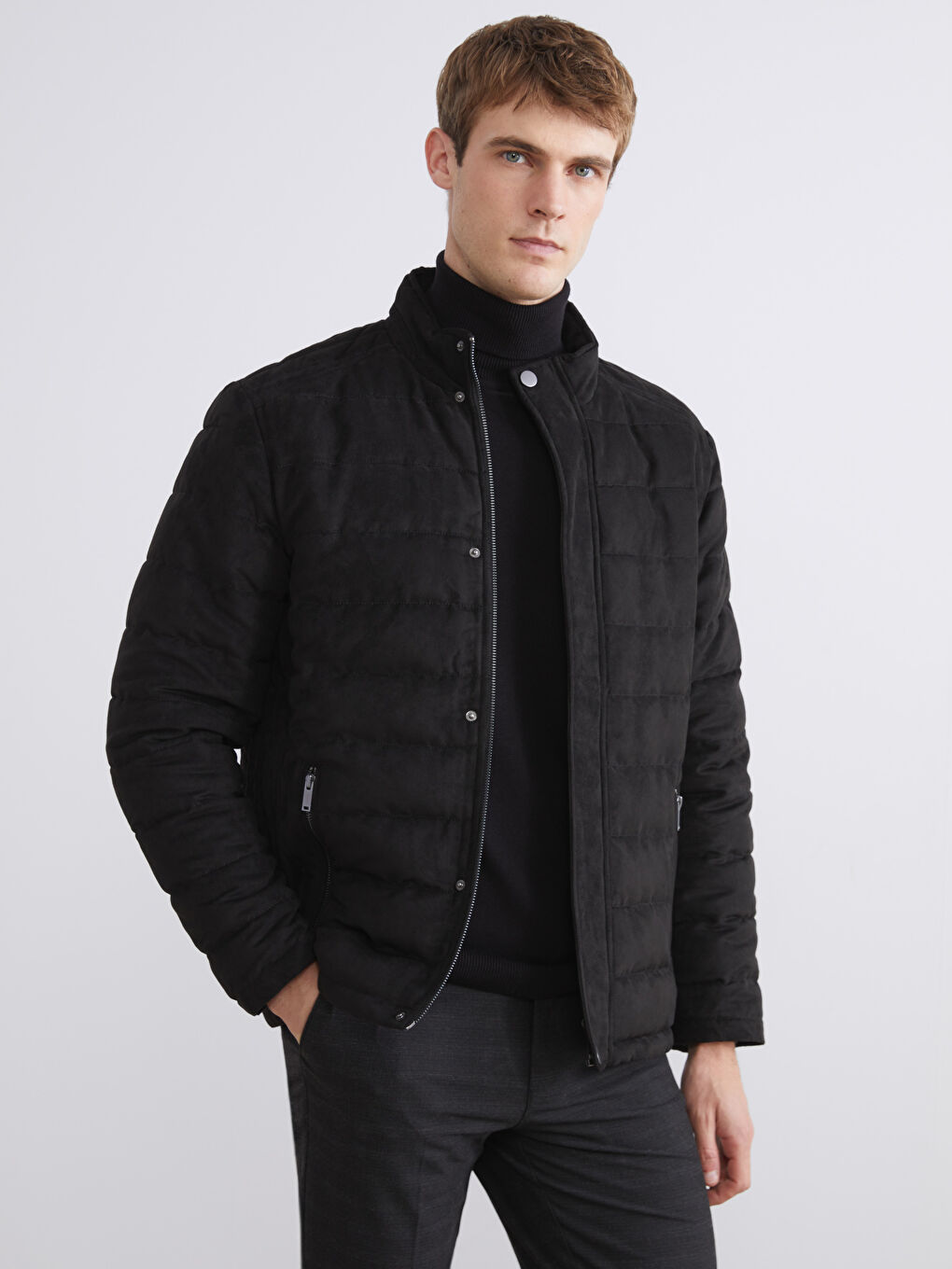 Siyah Slim Fit Dik Yaka Süet Erkek Mont