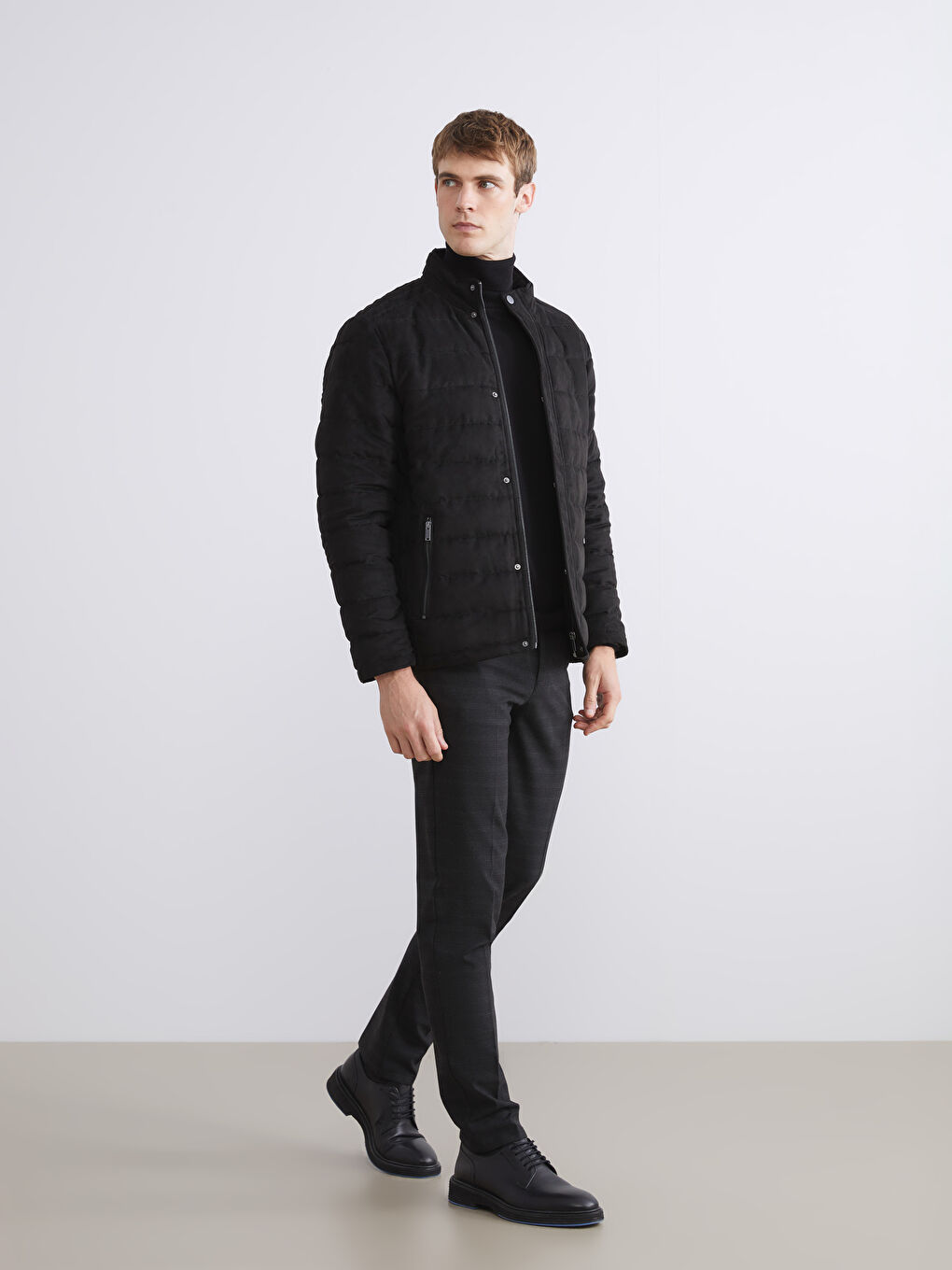 Siyah Slim Fit Dik Yaka Süet Erkek Mont-1