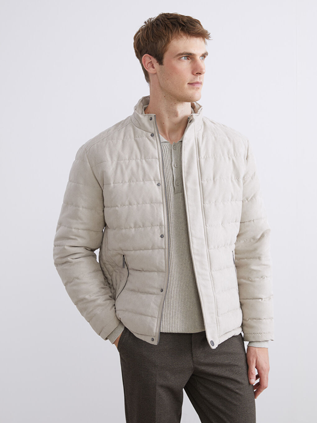 Bej Slim Fit Dik Yaka Süet Erkek Mont