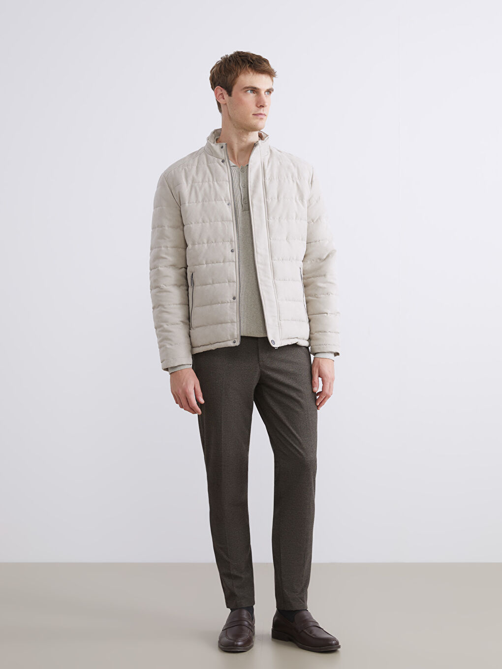 Bej Slim Fit Dik Yaka Süet Erkek Mont-1