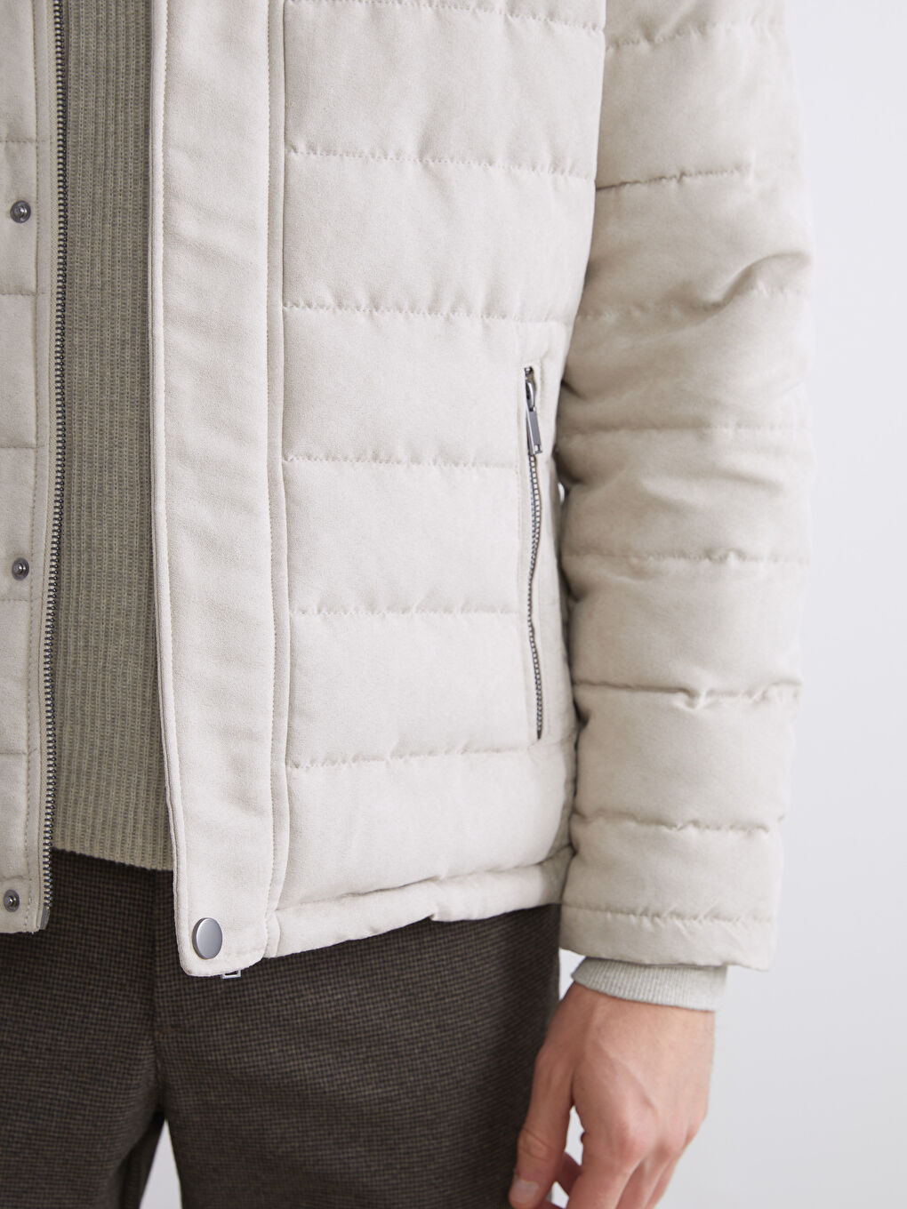 Bej Slim Fit Dik Yaka Süet Erkek Mont-2