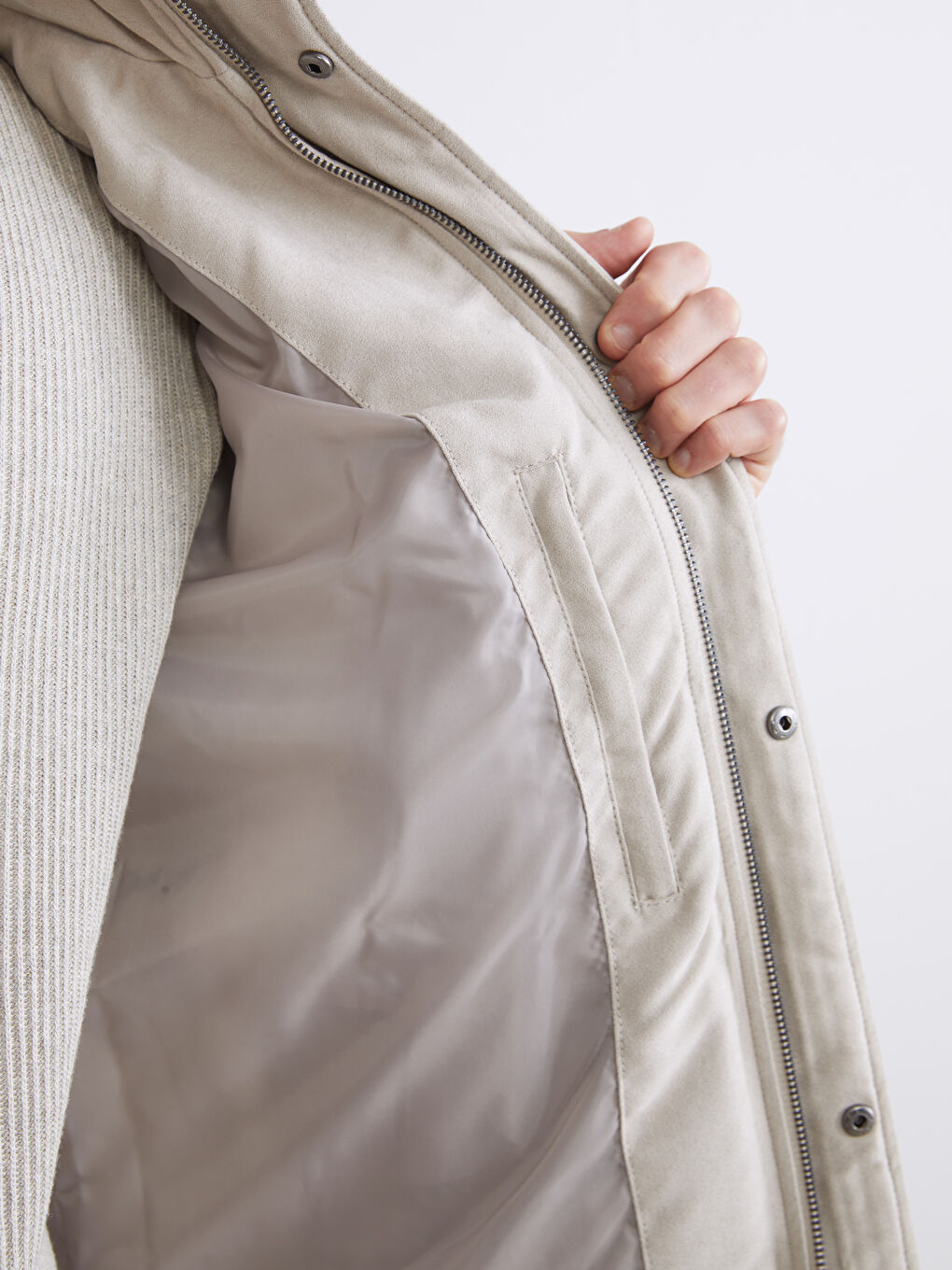 Bej Slim Fit Dik Yaka Süet Erkek Mont-3