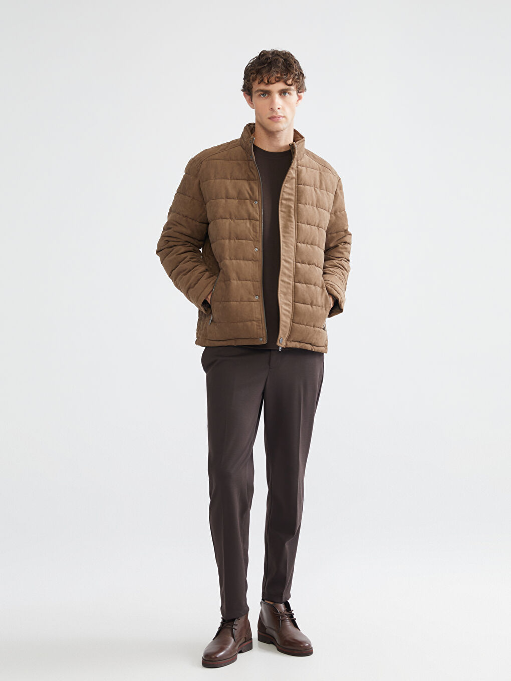 Kahverengi Slim Fit Dik Yaka Süet Erkek Mont-1