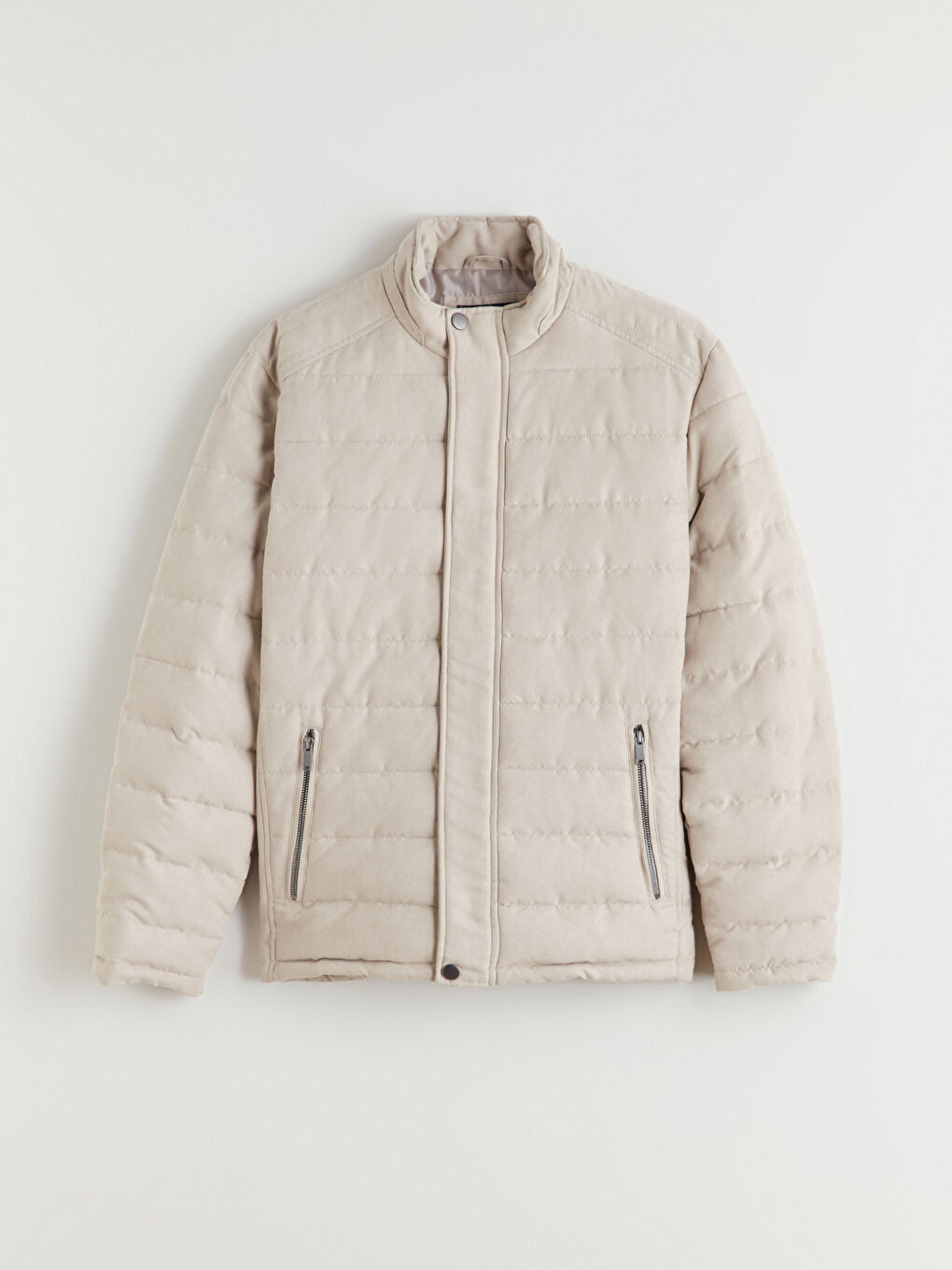 Bej Slim Fit Dik Yaka Süet Erkek Mont-5