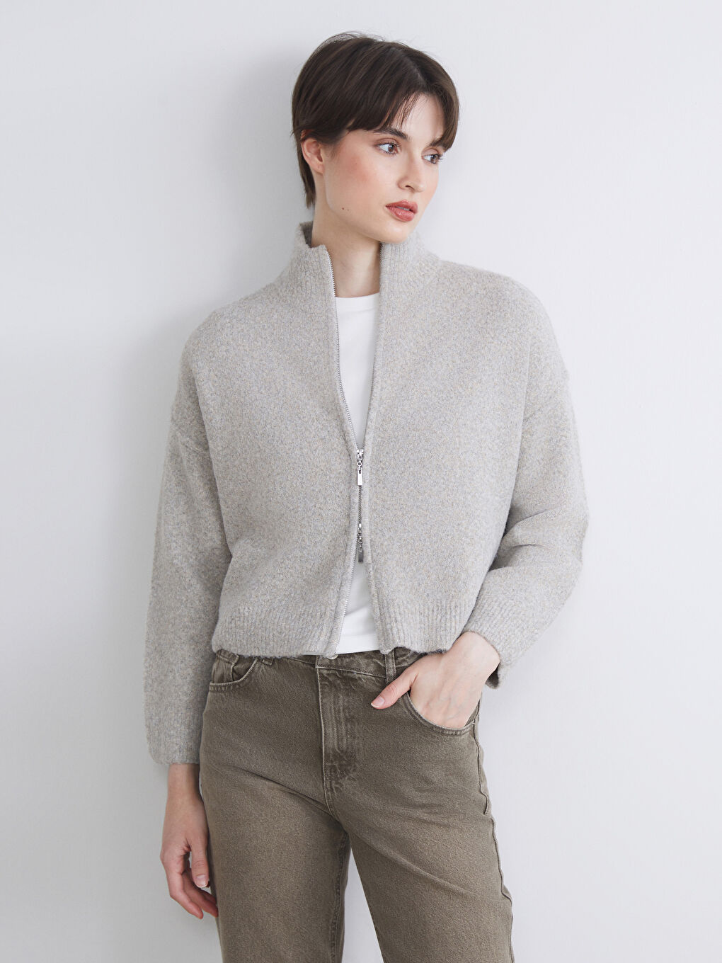Funnel Neck Women's Knitwear Cardigan