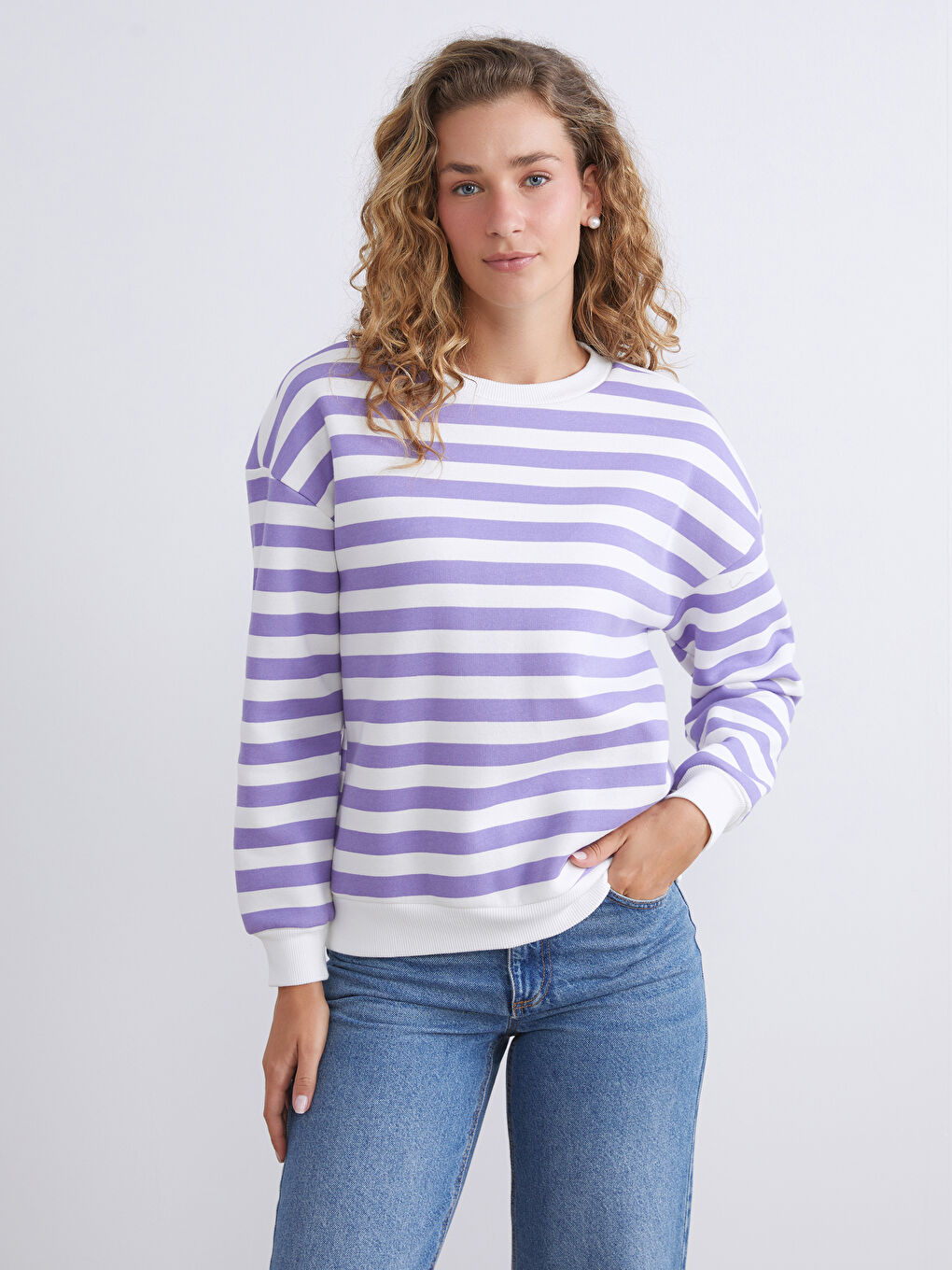 Lila Bisiklet Yaka Çizgili Oversize Kadın Sweatshirt