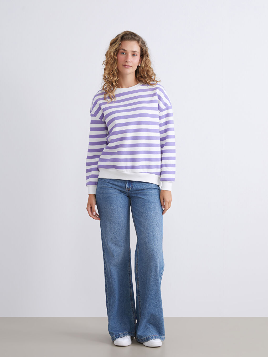 Lila Bisiklet Yaka Çizgili Oversize Kadın Sweatshirt-1