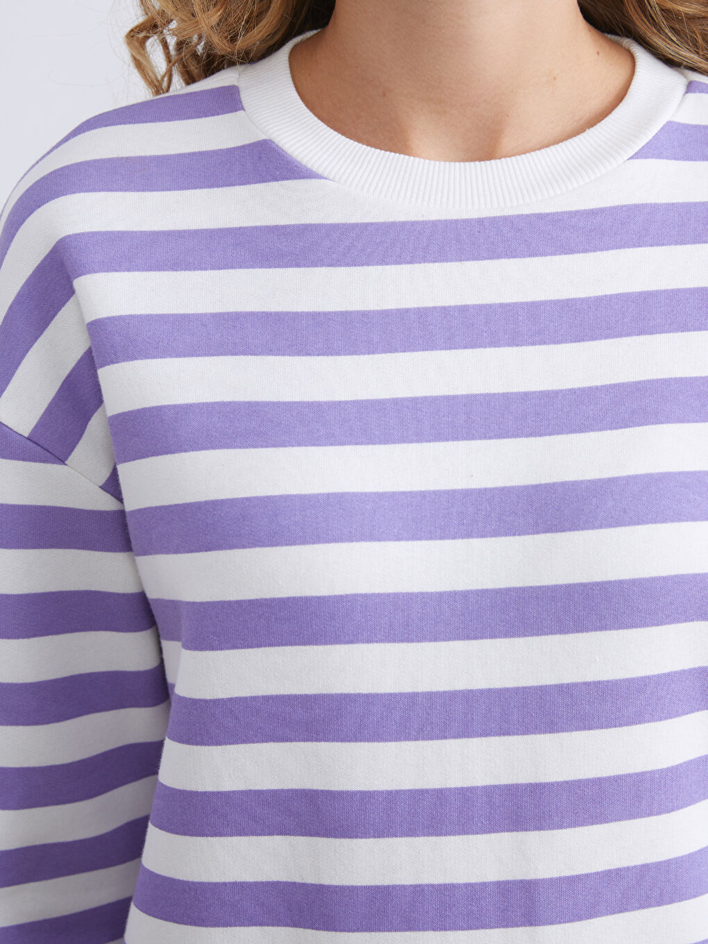 Lila Bisiklet Yaka Çizgili Oversize Kadın Sweatshirt-2