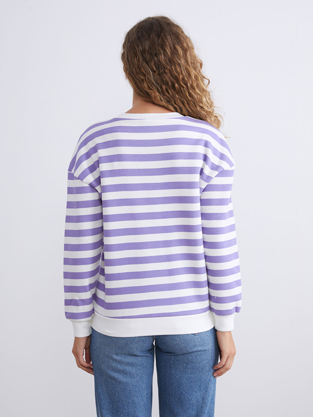 Lila Bisiklet Yaka Çizgili Oversize Kadın Sweatshirt-3