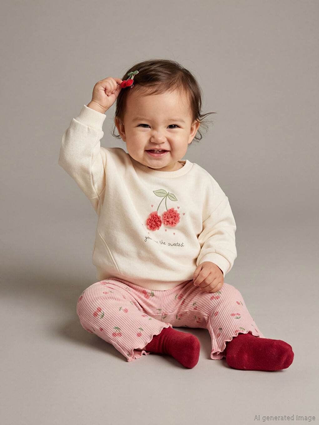 Set de hanorac și pantaloni pentru fetițe cu detalii de cireșe