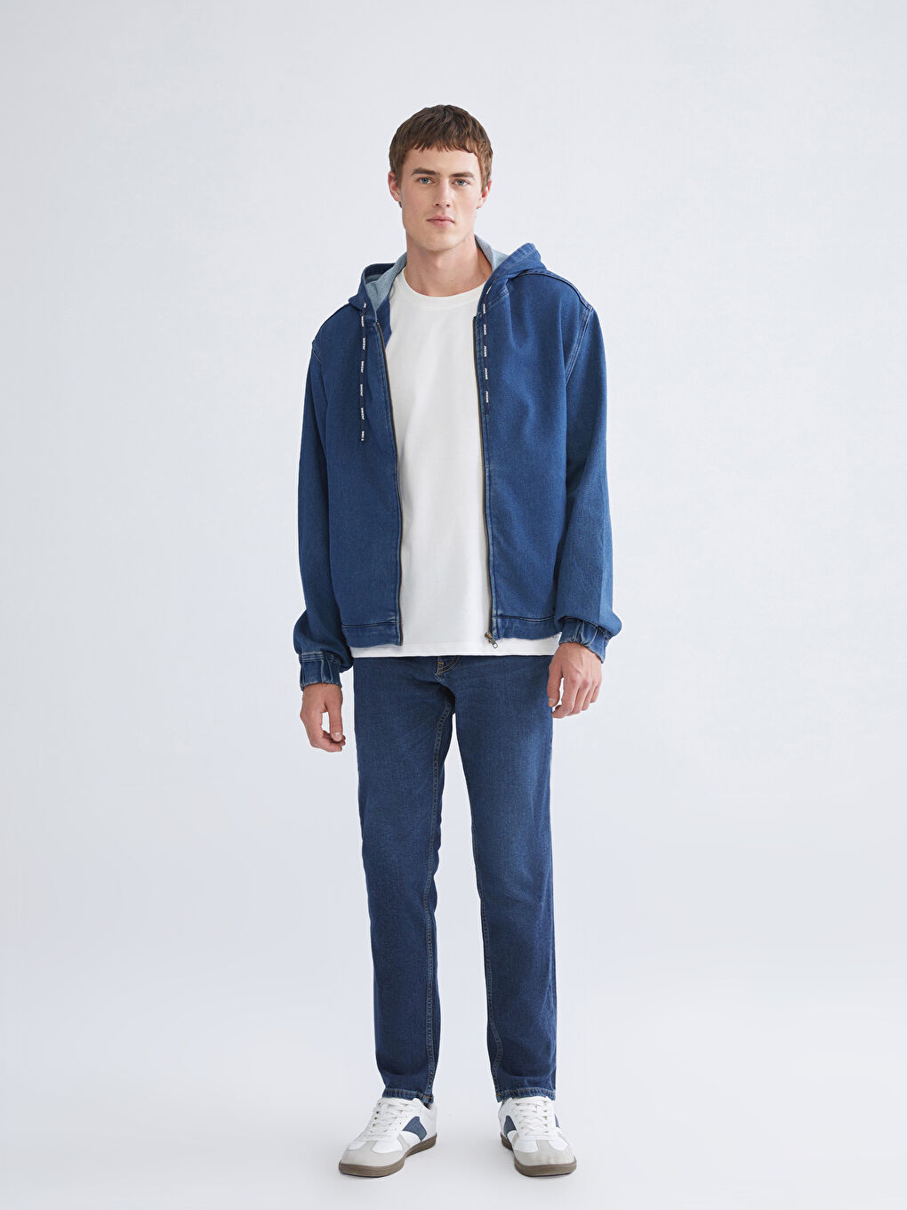 İndigo Rahat Kalıp Kapüşonlu Erkek Jean Ceket-1