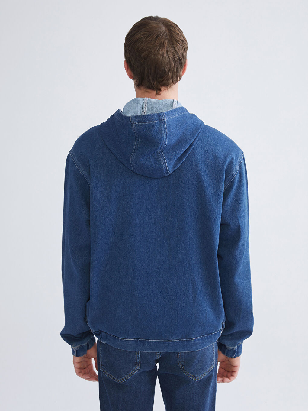 İndigo Rahat Kalıp Kapüşonlu Erkek Jean Ceket-3