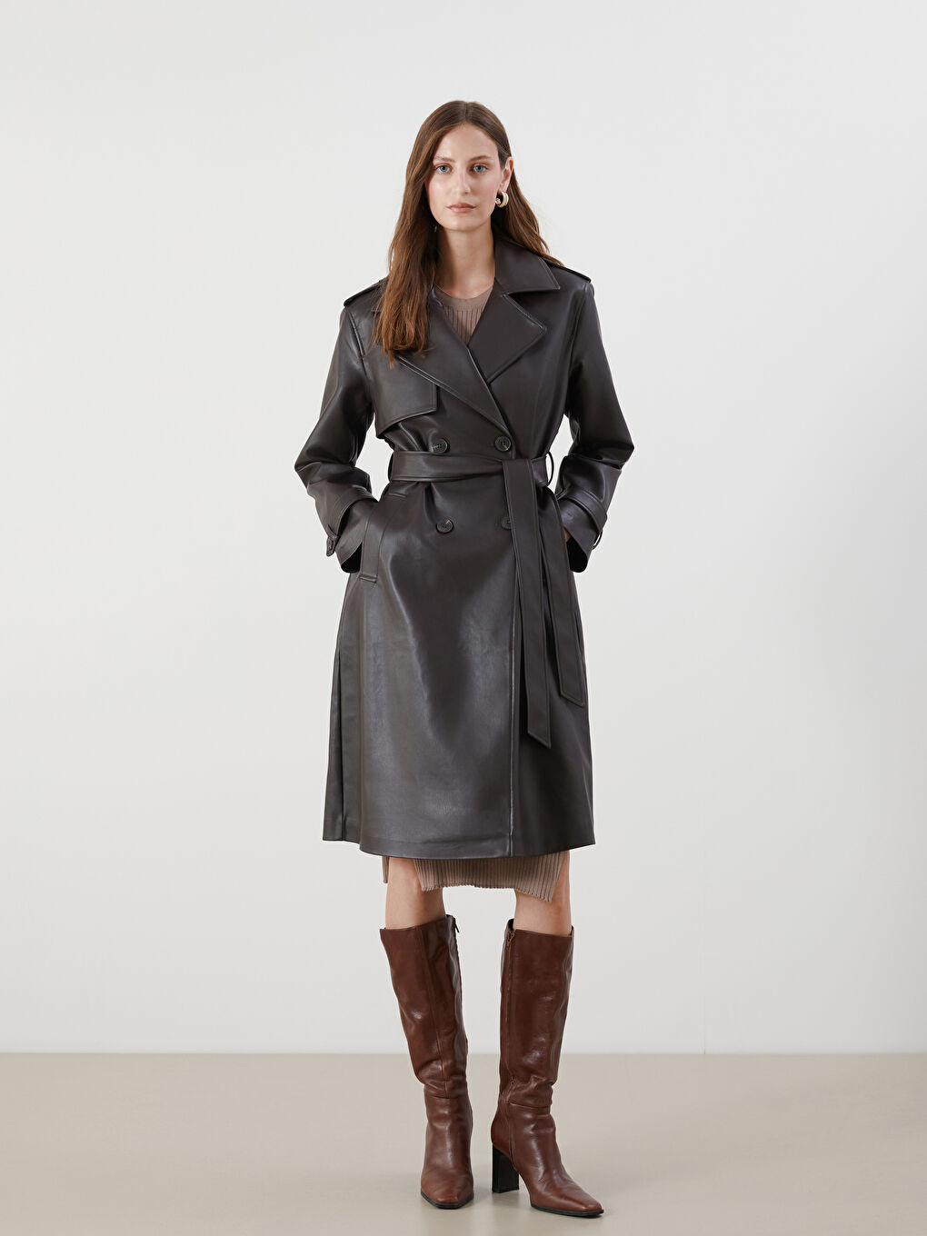 Kahverengi Ceket Yaka Kadın Deri Görünümlü Trençkot