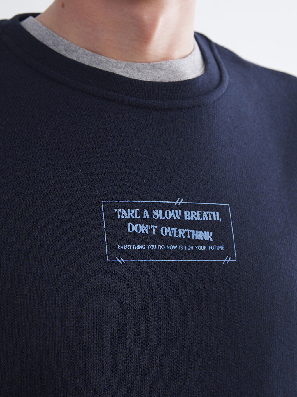 Lacivert Bisiklet Yaka Baskılı Erkek Sweatshirt-2