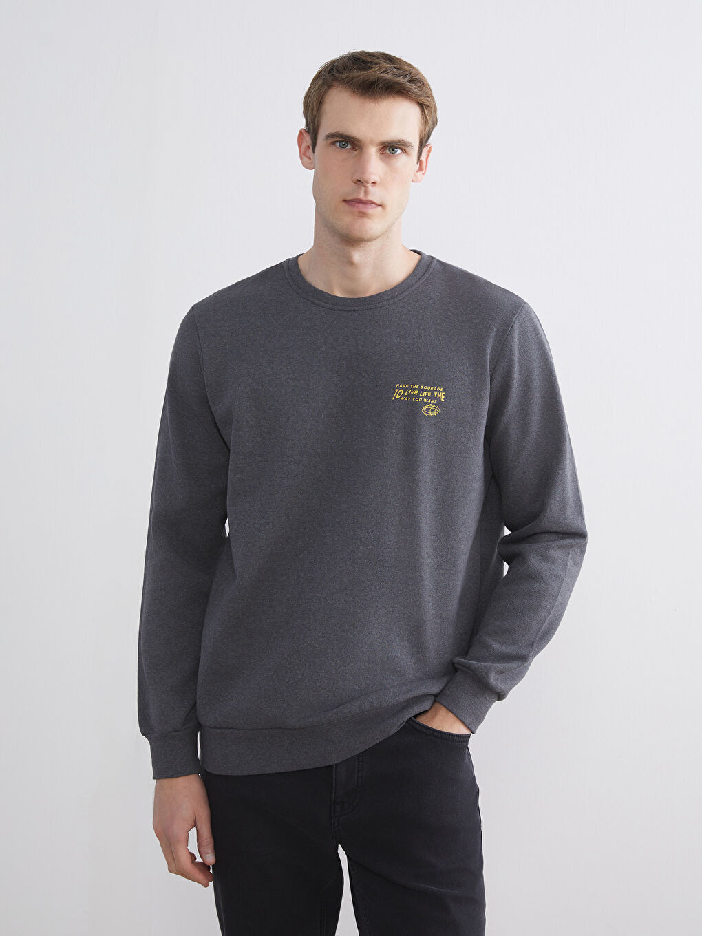 Antrasit Bisiklet Yaka Baskılı Erkek Sweatshirt