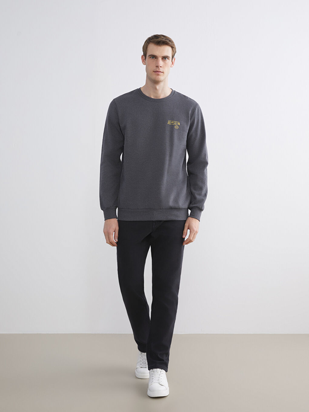 Antrasit Bisiklet Yaka Baskılı Erkek Sweatshirt-1