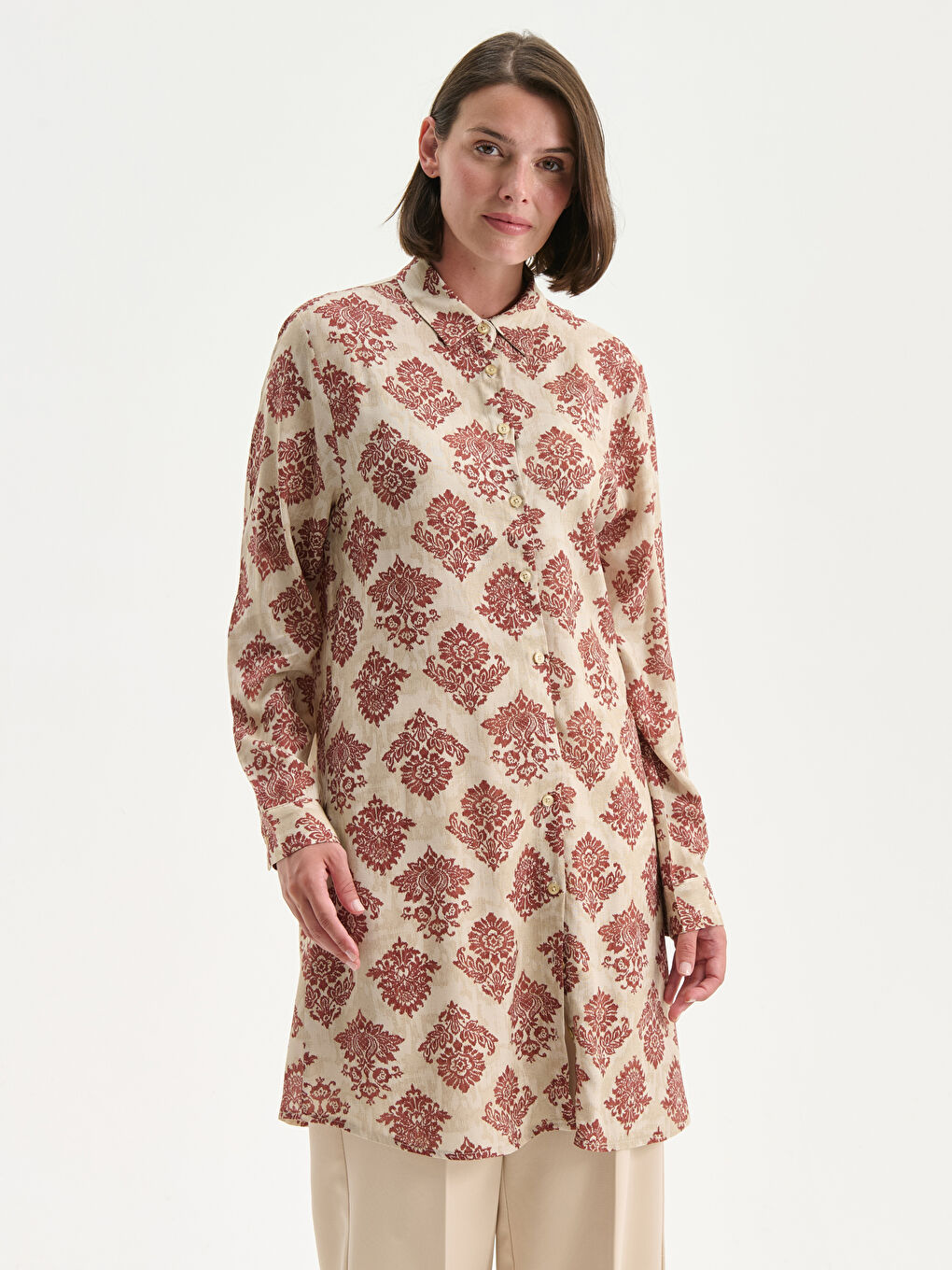 Bordo Desenli Kadın Gömlek Tunik