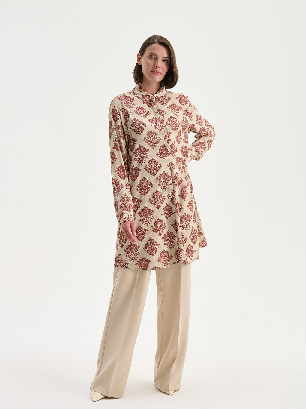 Bordo Desenli Kadın Gömlek Tunik-4