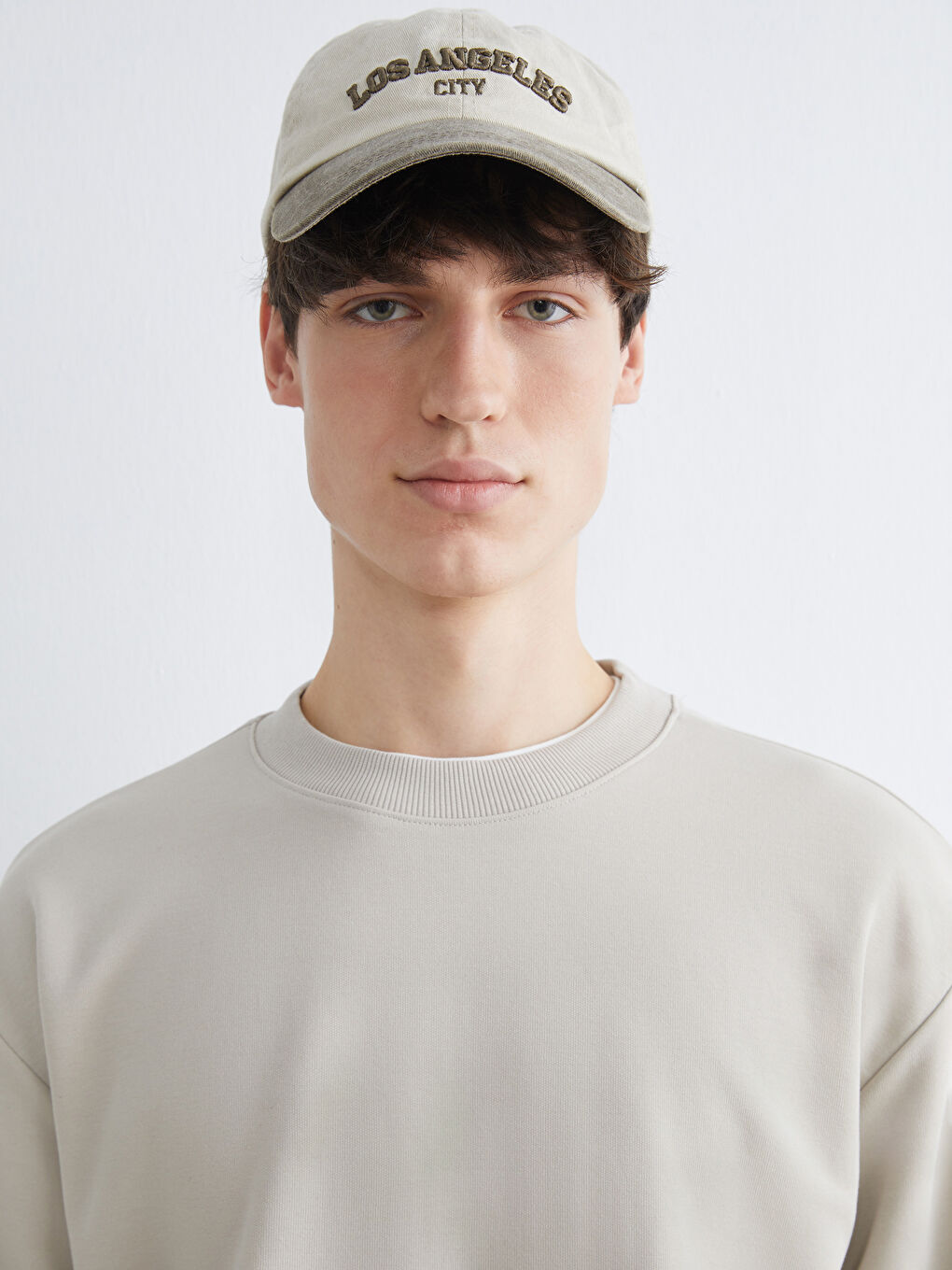 Bej Bisiklet Yaka Erkek Sweatshirt-2