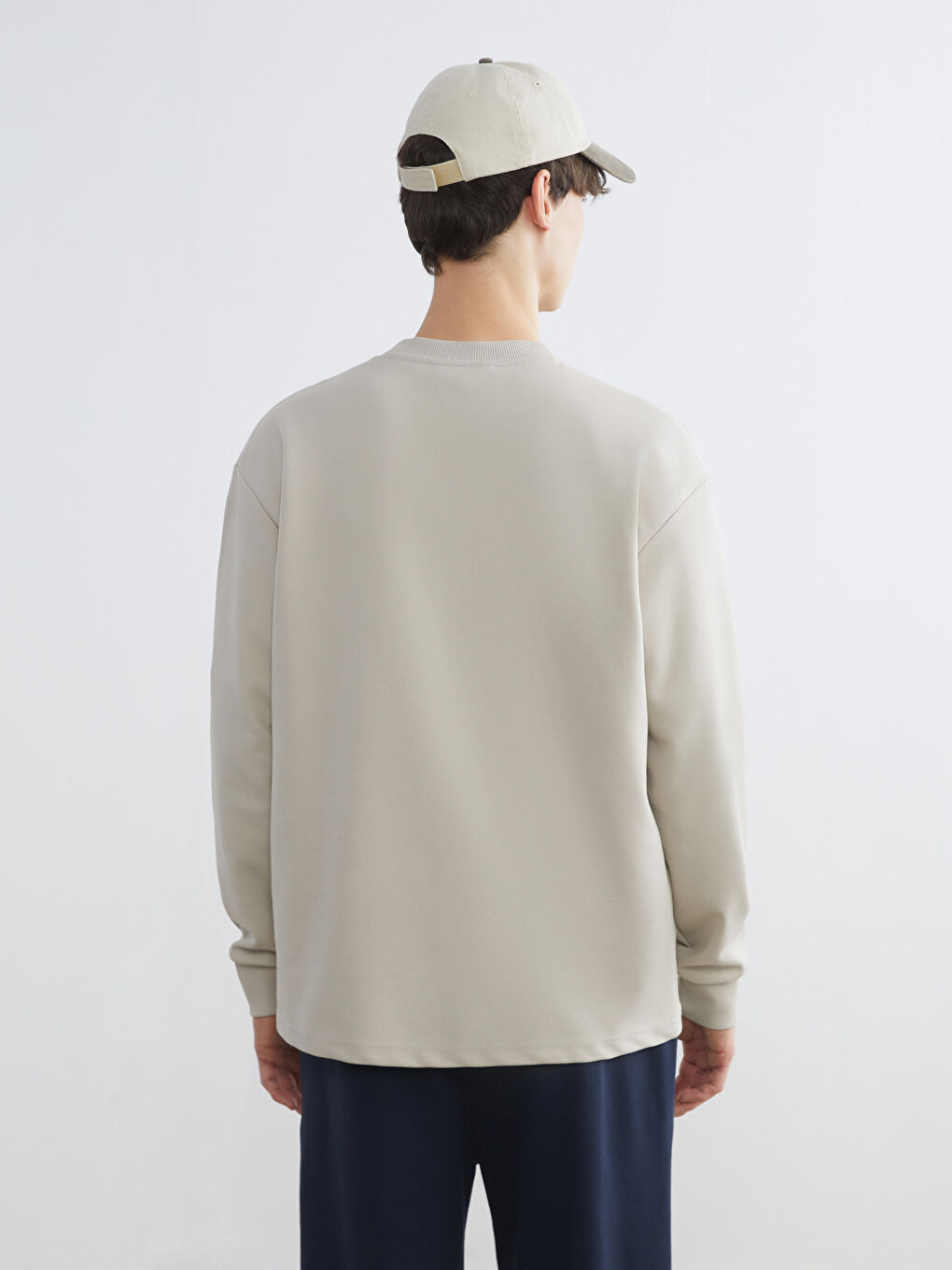 Bej Bisiklet Yaka Erkek Sweatshirt-4