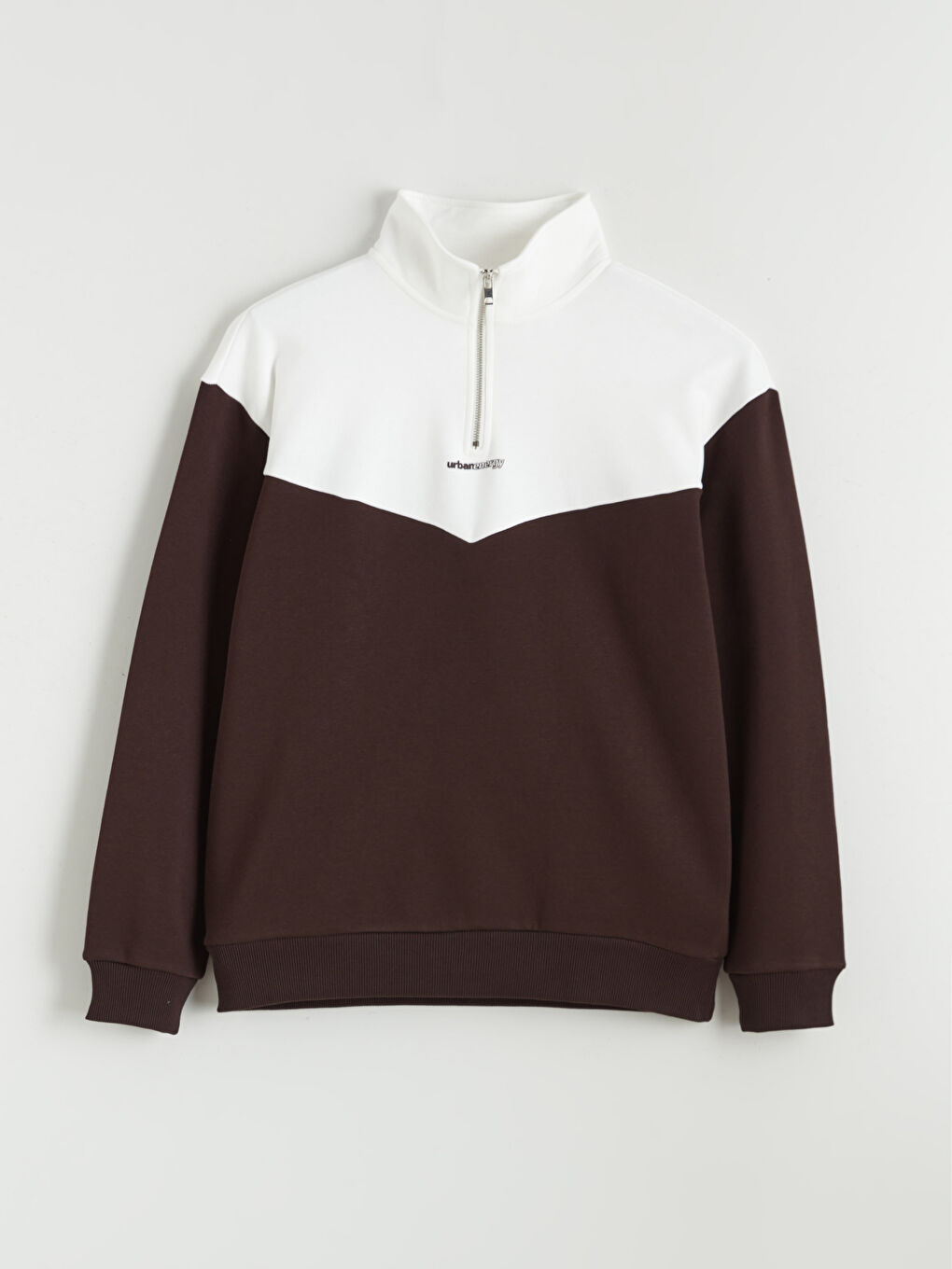 Kahverengi Dik Yaka Renk Bloklu Erkek Kalın Sweatshirt-4