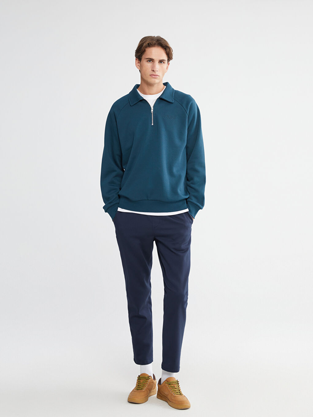 Petrol Polo Yaka Erkek Kalın Sweatshirt-1