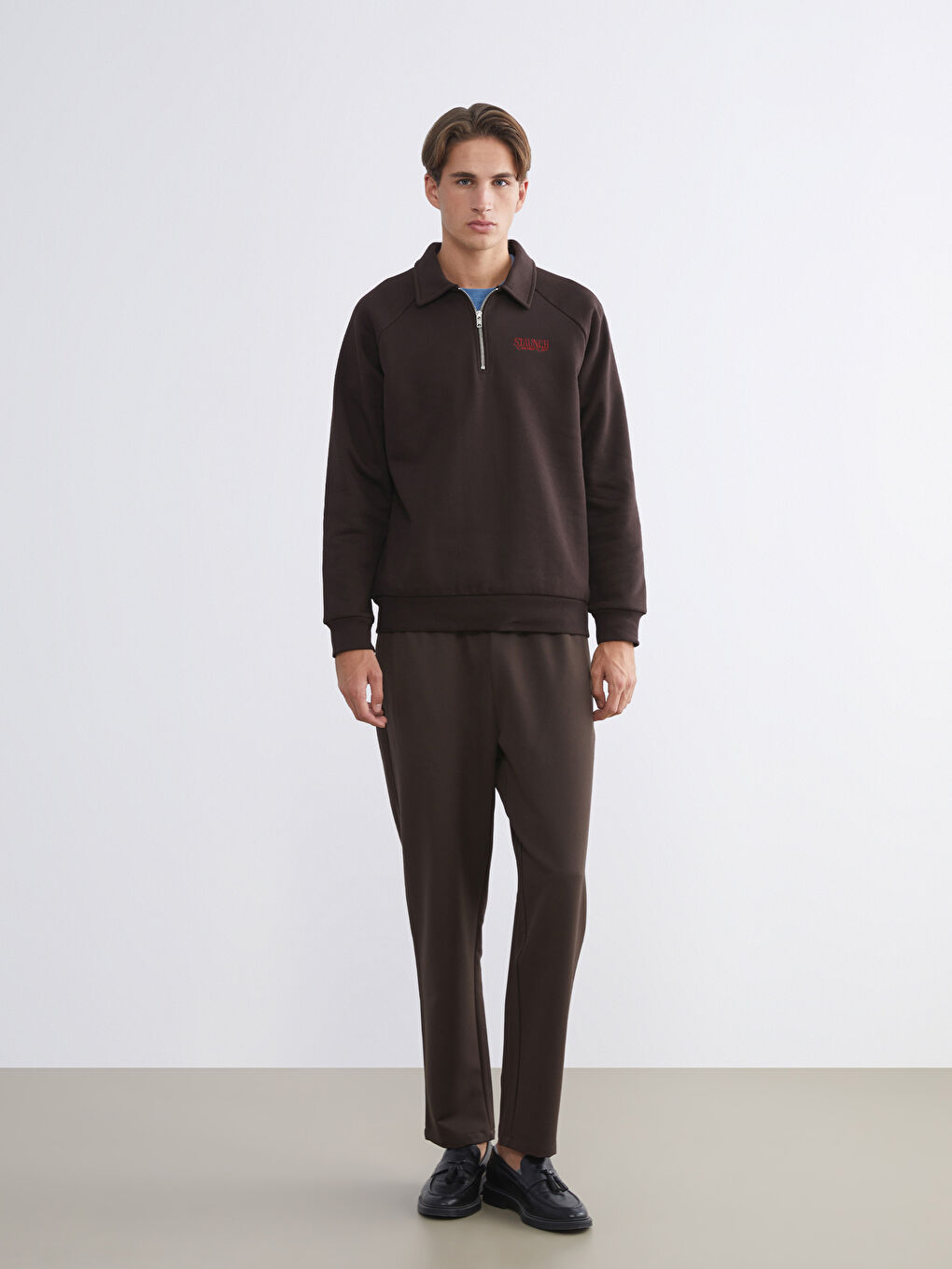 Kahverengi Polo Yaka Erkek Kalın Sweatshirt-1